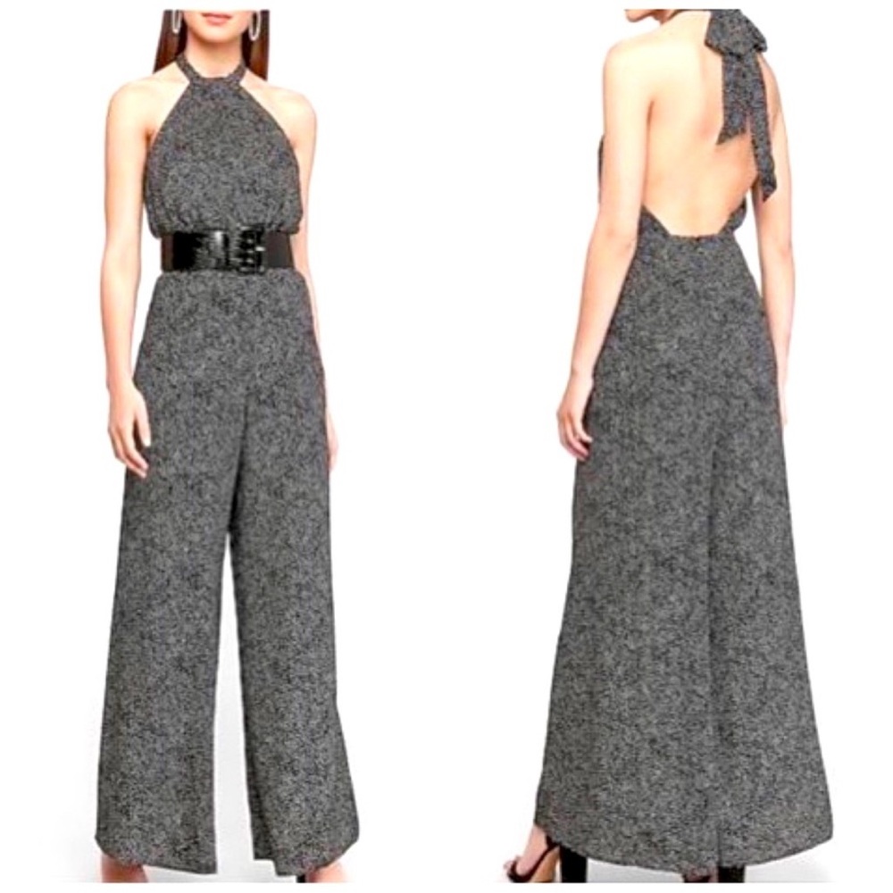 Express Black And White Speckle Halter Wide-Leg Jumpsuit - Picture 3 of 10